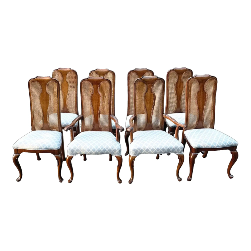 Set of 8 Vintage Queen Anne Solid Walnut and Cane High Back Dining Chairs Attributed to John Stuart for Mount Airy Furniture