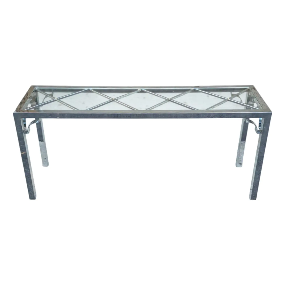 Vintage Chrome and Glass Milo Baughman Style/Chinese Chippendale Style Console Table
