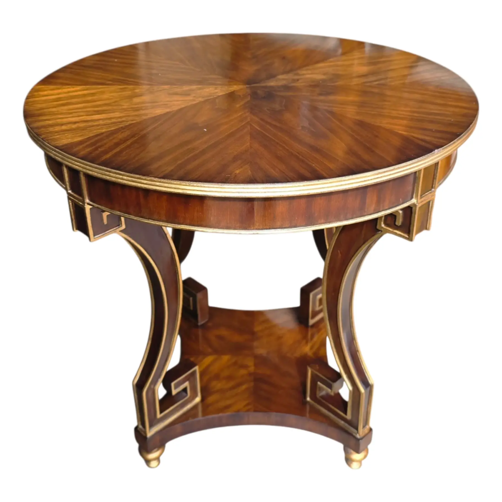 Ethan Allen Empire Revival Mahogany Round Center Table With Greek Key Inlay and Brass Banding