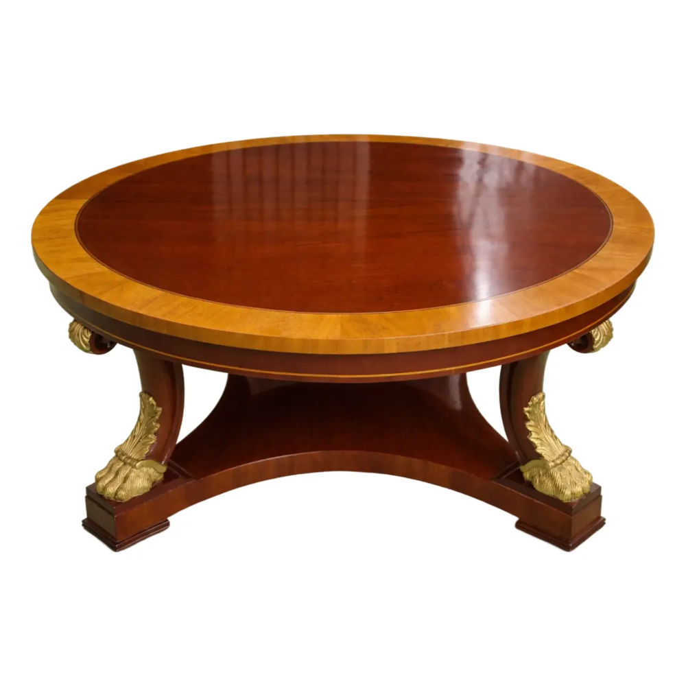 Late 20th Century Kindel Furniture Neoclassical Empire Revival Round Mahogany Coffee Table With Gilt Bronze Paw Feet
