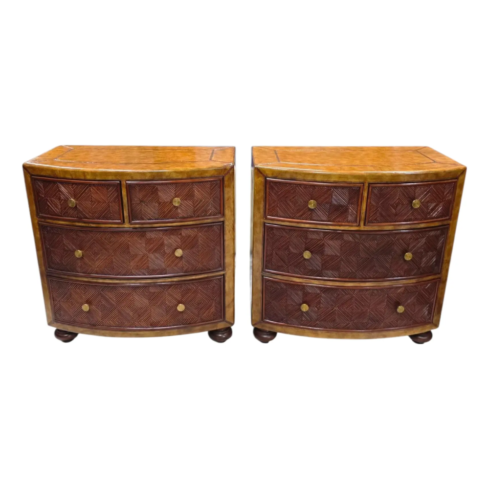 Late 20th Century Pair of Lineage Home Woven Rattan Front and Leather-Clad Bow Front Chest of Drawers