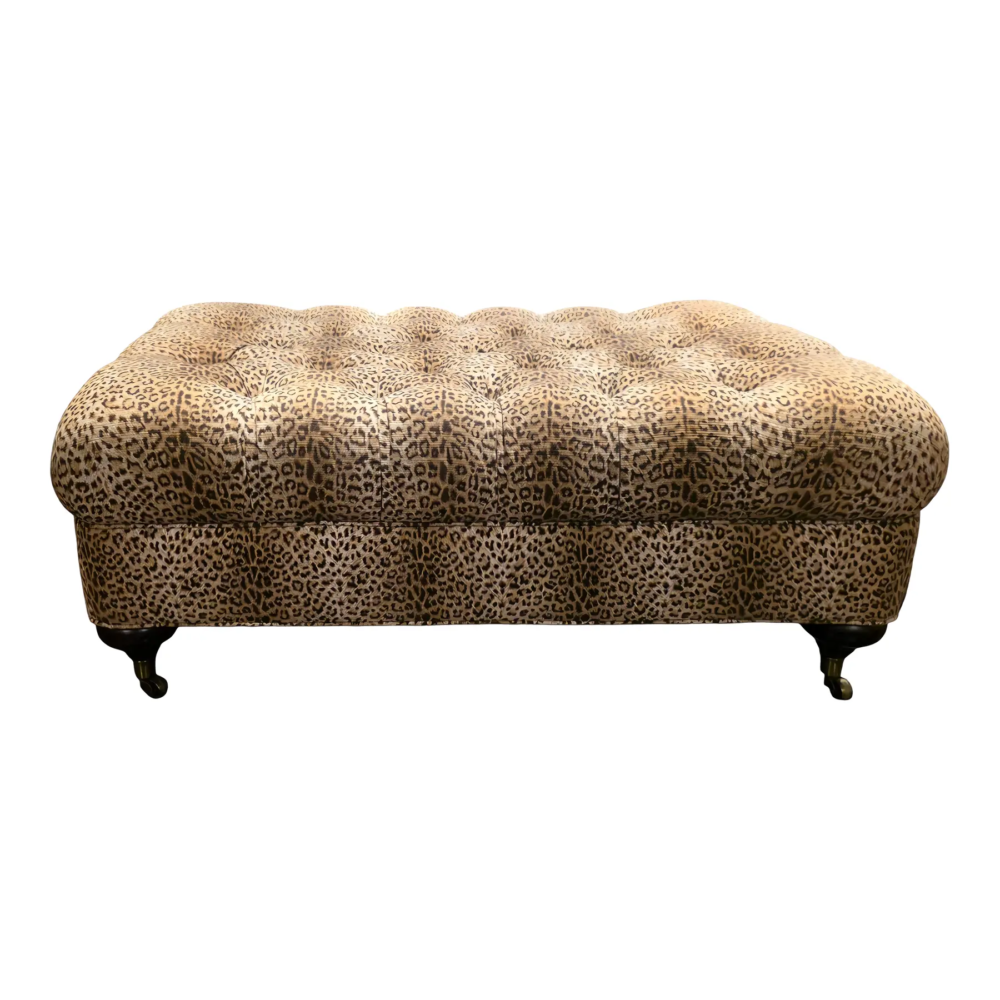Lee Industries Tufted Leopard Print Upholstered Ottoman With Turned Wooden Legs and Casters