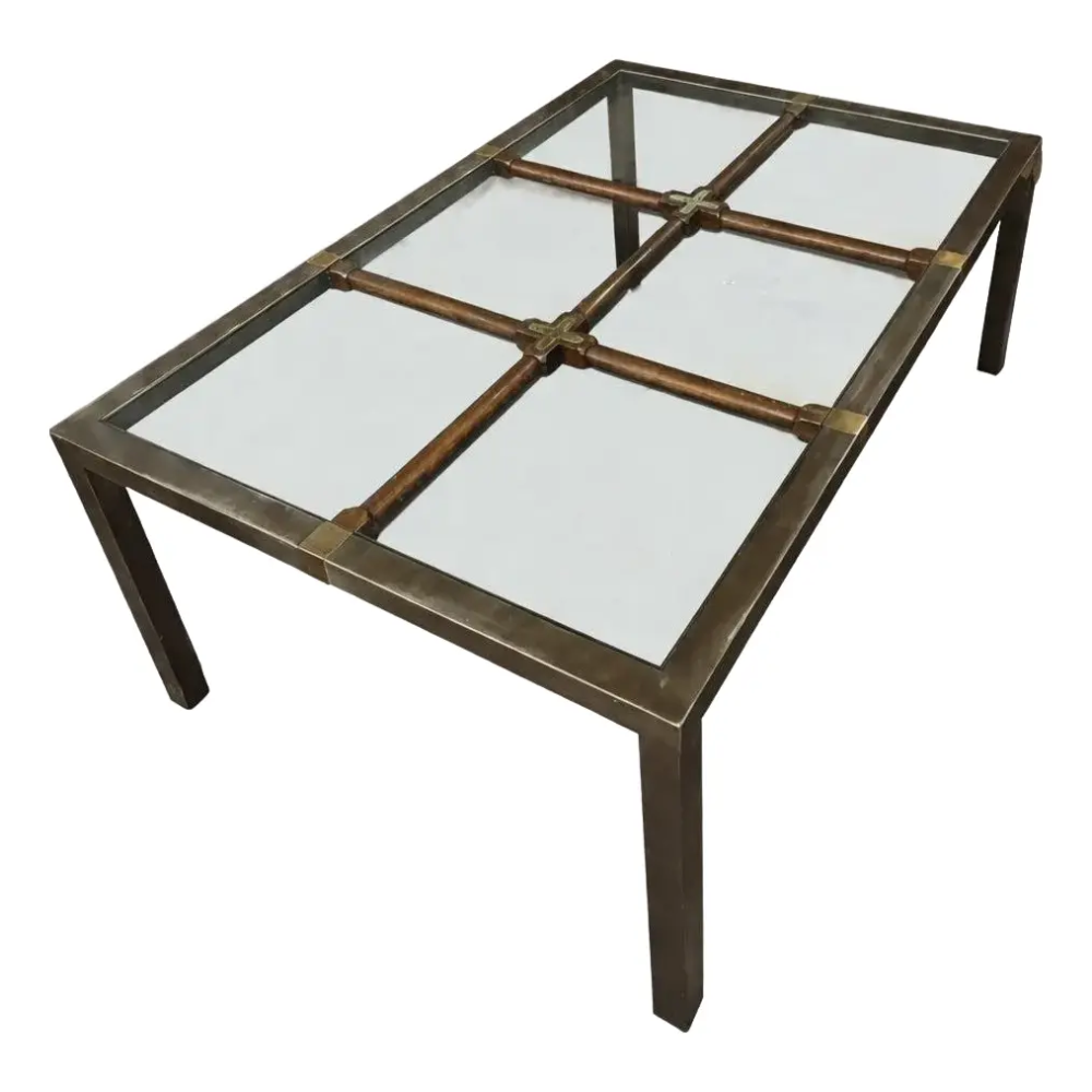 Mid 20th Century Hollywood Regency Brushed Metal W/Brass Accents and Glass Top on Wood Grid Dining Table
