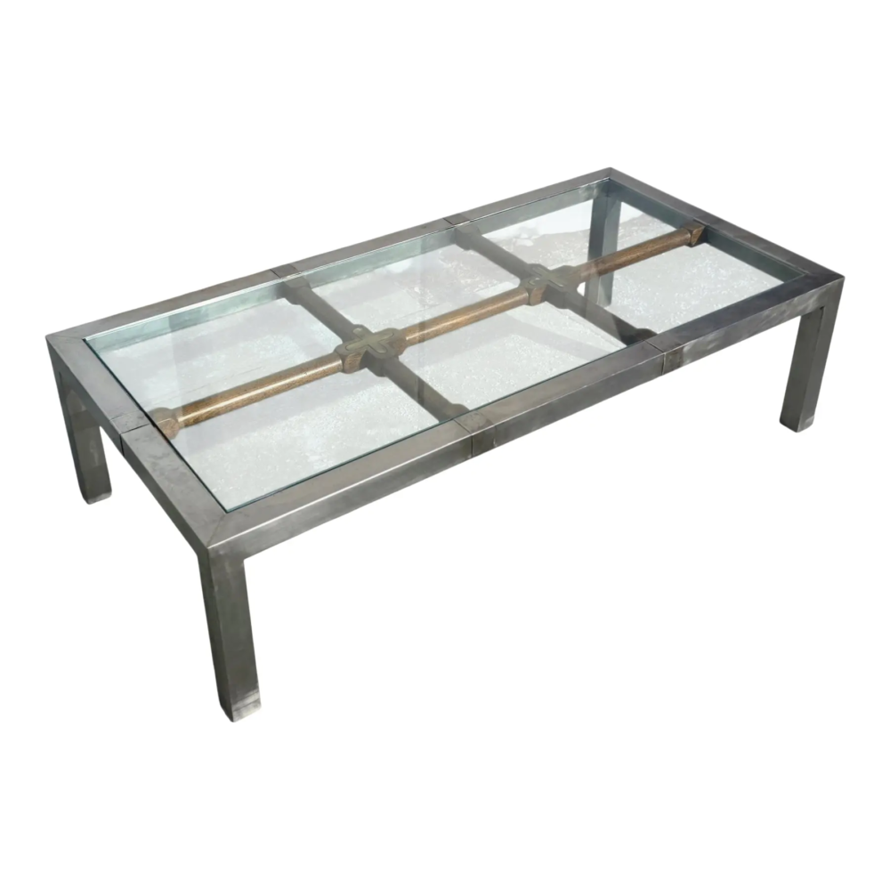 Mid 20th Century Hollywood Regency Brushed Metal With Brass Accents and Glass Top on Wood Grid Coffee Table