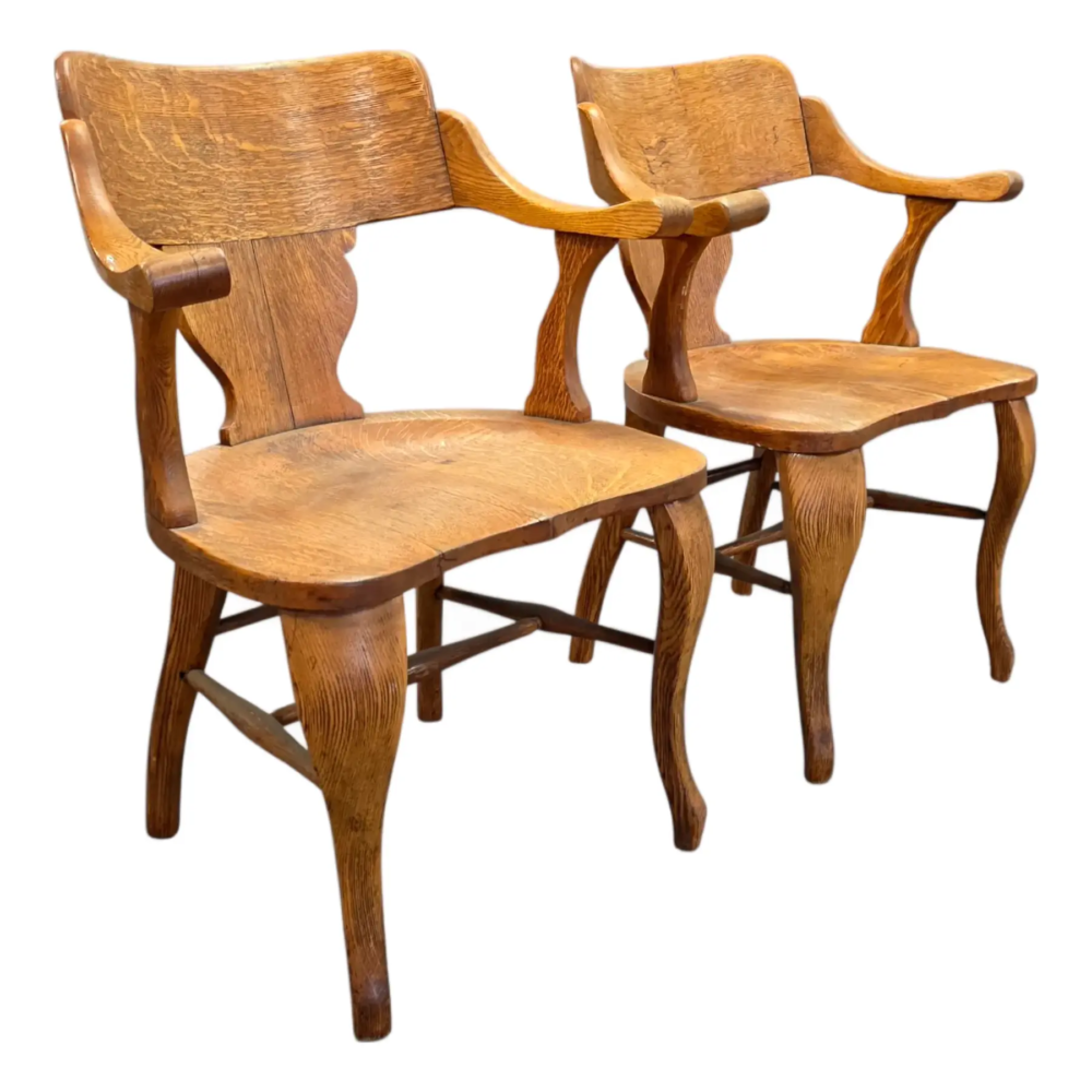 Pair of English Arts & Crafts Solid Quarter-Sawn Oak Armchairs, Early 20th Century