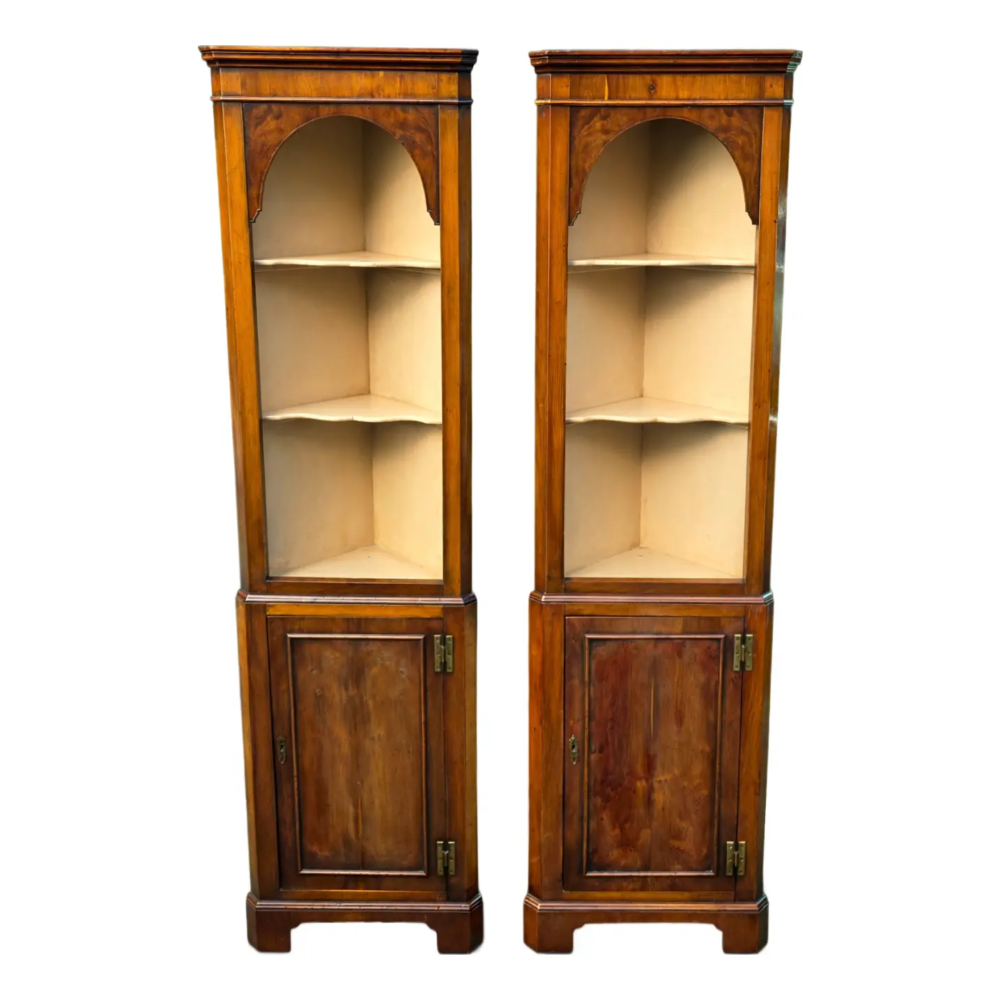 Pair of Georgian Revival Diminutive Mahogany Corner Cabinets, Arched Top Display Shelves, Paneled Base Cupboards, Early 20th Century