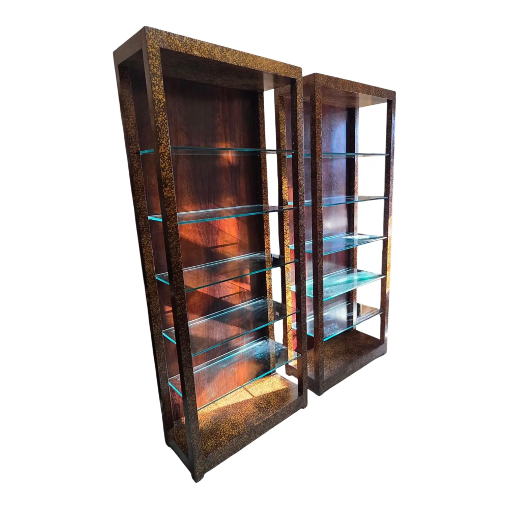 Pair of Mid 20th Century John Widdicomb[Unsigned] Faux Tortoiseshell and Glass Etageres, Attributed