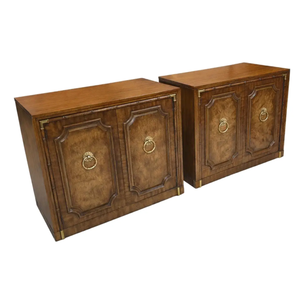 Pair of Mid 20th Century Weiman Faux Bamboo 2-Door (Burl Front) Server Cabinets