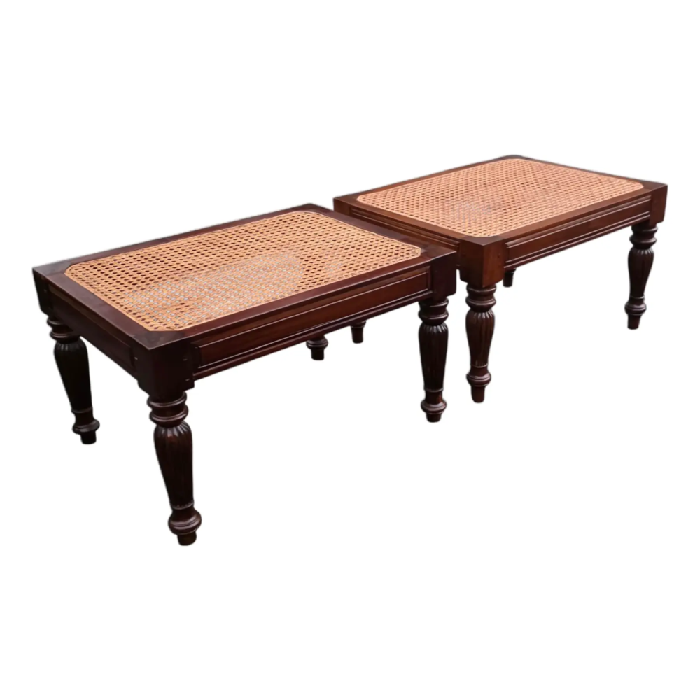 Pair of Vintage British Colonial-Style Hand-Caned Benches / Low Tables