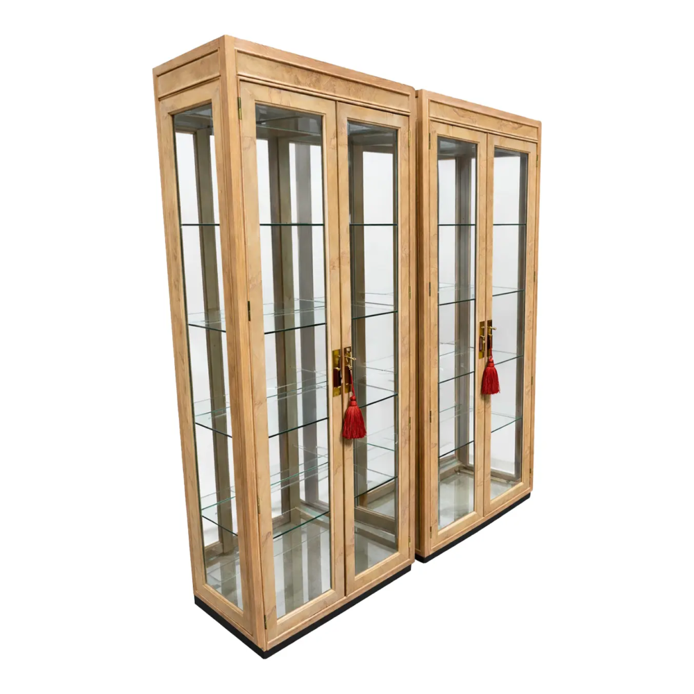 Pair of Vintage Drexel Heritage Olive Burl Wood and Glass Display Cabinets