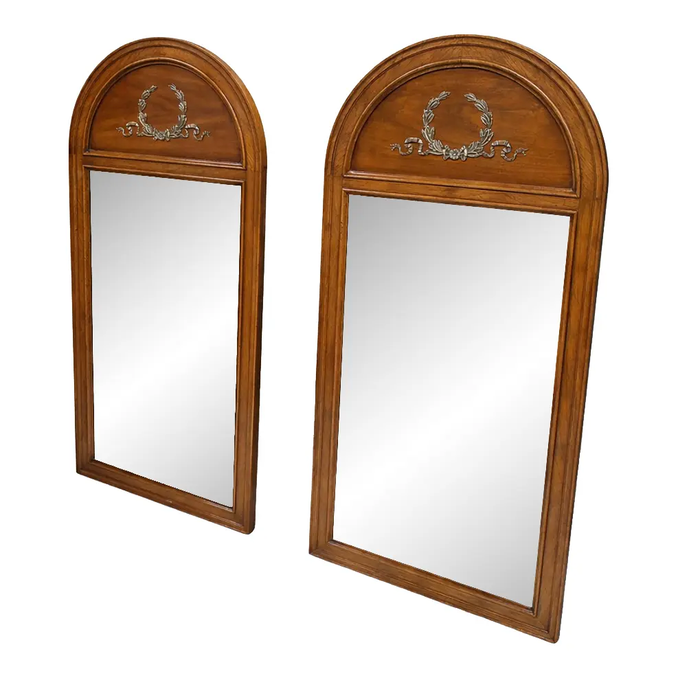 Pair of Vintage Henredon French Regency Louis XVI Style Walnut and Brass Arched Wall Mirrors.
