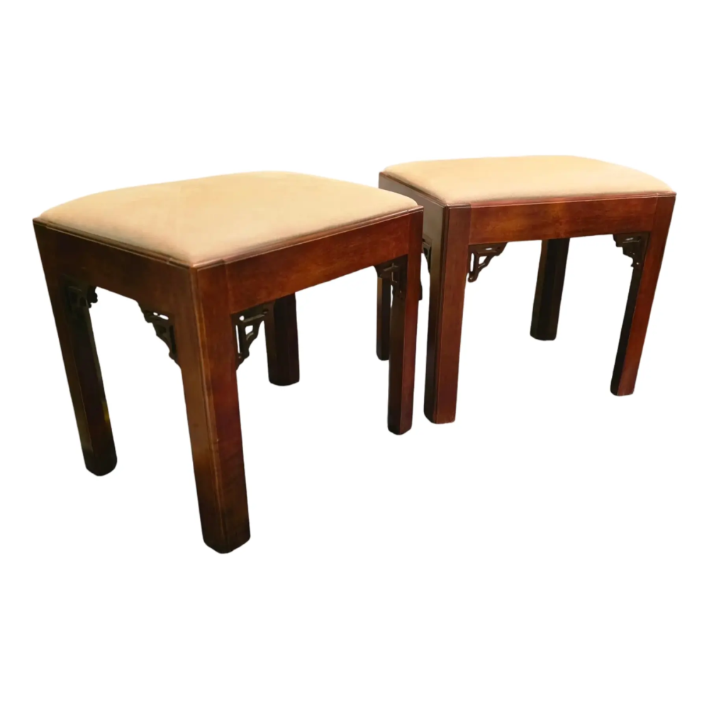 Pair of Vintage W & J Sloane Ming-Style Hardwood Benches With Corner Spandrels