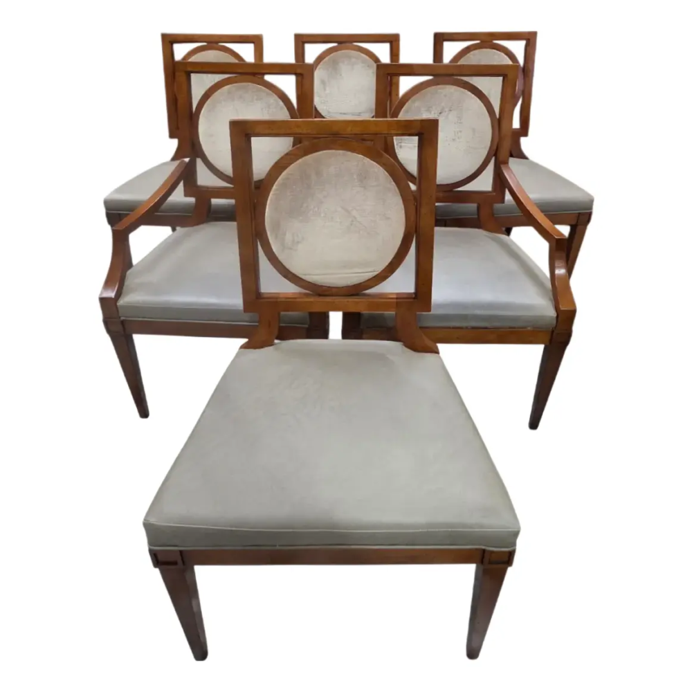 Set of 6 Baker Furniture Dining Chairs, Modern Neoclassical Regency Style, Geometric Circle Back, Upholstered Seats