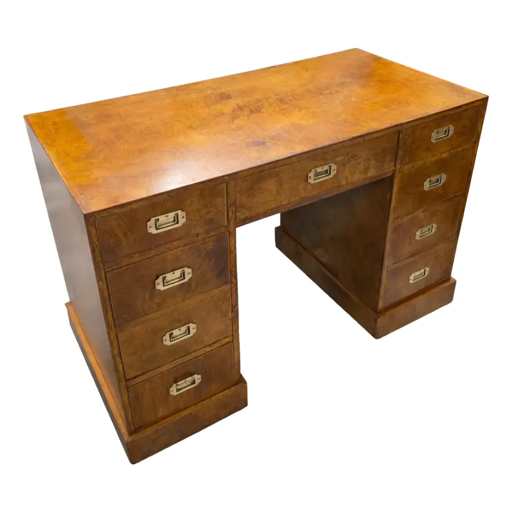 Vintage Burlwood Campaign Kneehole Desk