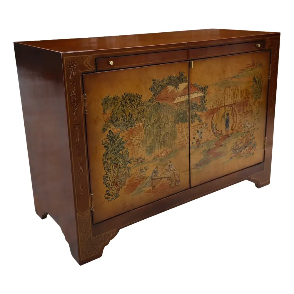 Vintage Ethan Allen Hollywood Regency Chinoiserie Stereo Bar Cabinet, Hand-Painted Chinese Landscape