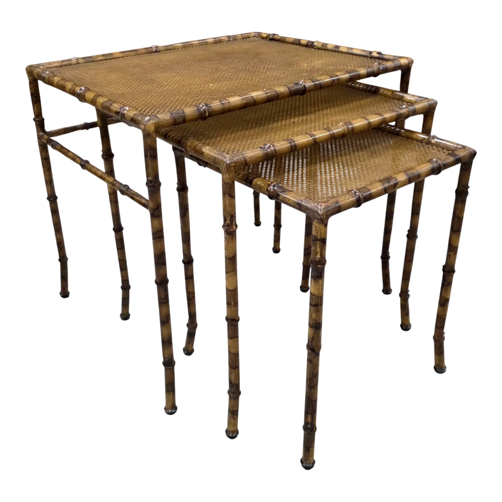 Vintage Hollywood Regency Faux Tortoiseshell, Faux Bamboo & Faux Cane Metal Nesting Tables – Set of 3