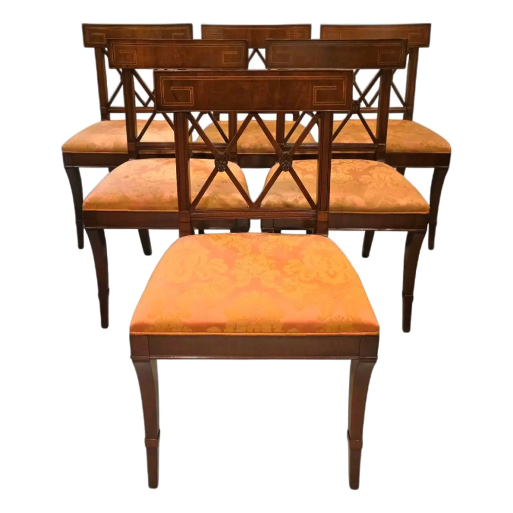 Vintage John Stuart Neoclassical Regency Revival Dining Chairs With Greek Key Inlay - Set of 6
