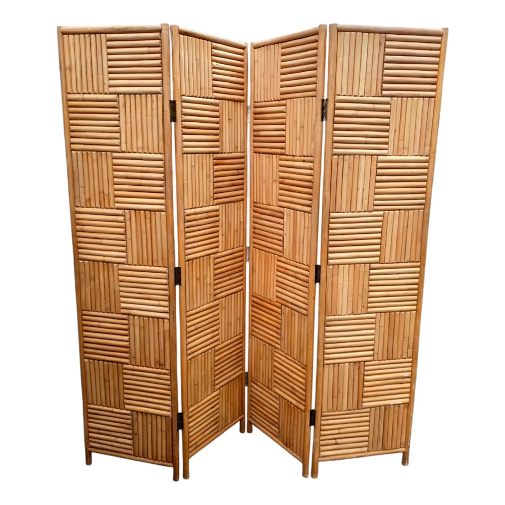 Vintage Organic Modern Rattan & Bamboo Geometric Four-Panel Folding Screen, 1970s Coastal Chic