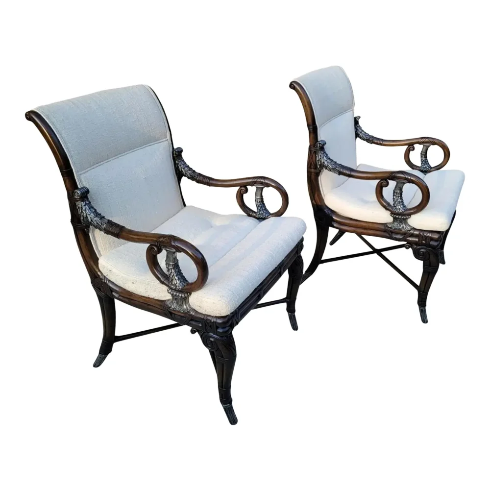 Early 21st Century Regency Style Faux Bamboo Armchairs With Pewter Colored Metal Accents - A Pair