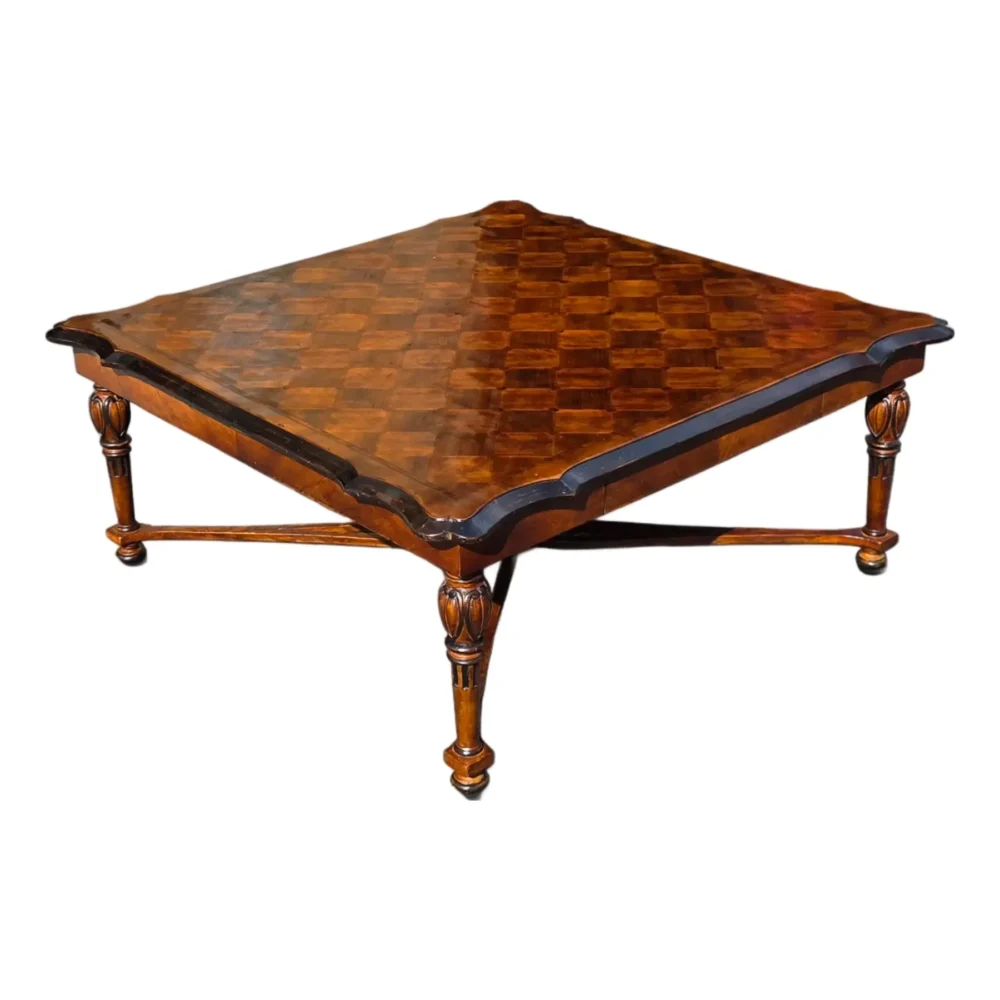 Georgian Style Parquetry Top Coffee Table With Scalloped Edge and X-Form Stretcher, Early 21st Century