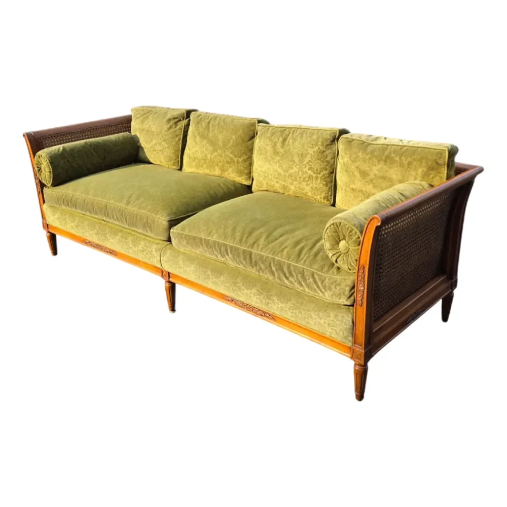 Mid 20th Century The Schoonbeck Co. Mid-Century French Louis XVI Style Walnut Caned Sofa With Loose Cushions and Bolster Pillow