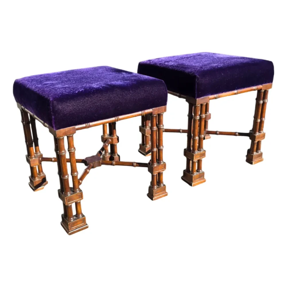 Pair of English Aesthetic Movement Walnut X-Frame Stools With Turned Legs and Purple Velvet Upholstery, Late 19th Century