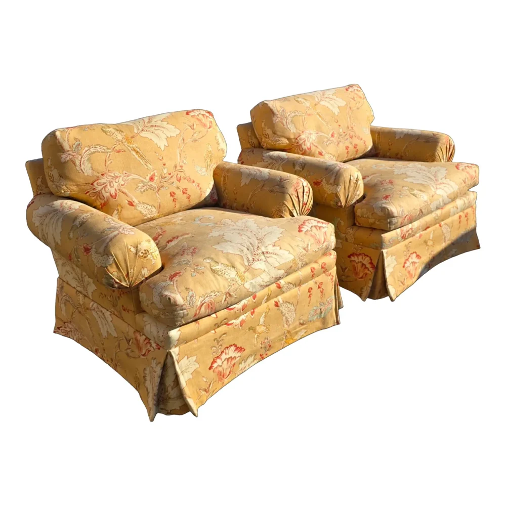 Pair of English Roll Arm Club Chairs in Golden Floral Chintz With Skirted Bases, Late 20th Century