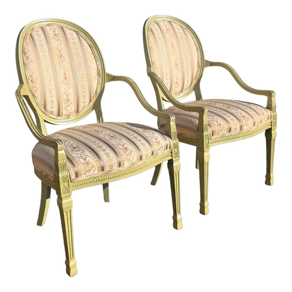 Pair of French Louis XVI Style Painted Celadon and Cream Oval Back Fauteuil Armchairs With Floral Stripe Upholstery, Mid 20th Century