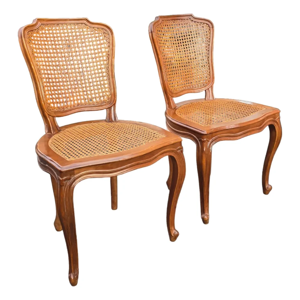 Pair of Italian Louis XV Style Double Cane Back Walnut Dining Chairs With Hand Caning, Made in Italy, Mid-Century