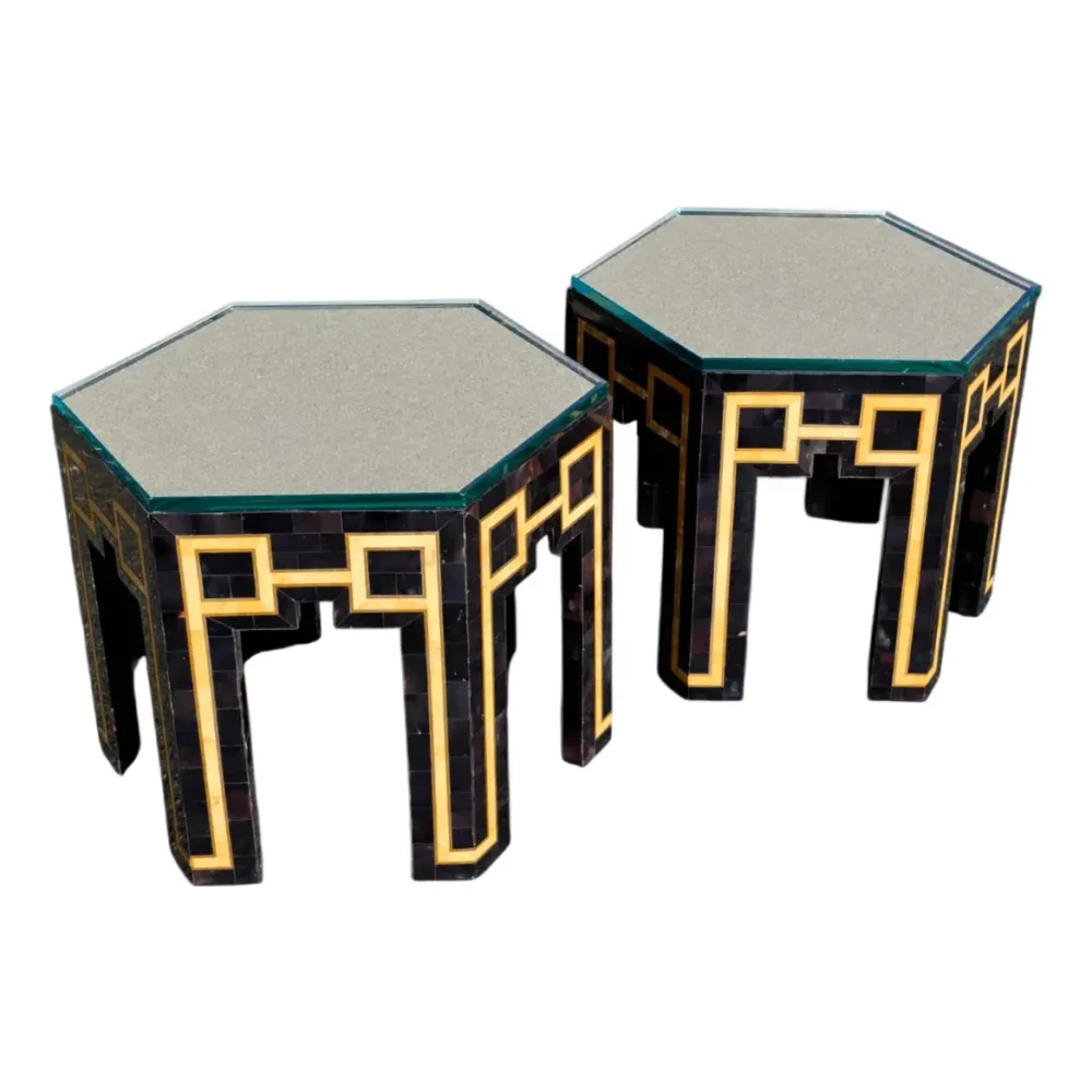 Pair of Postmodern Low-Profile Tessellated Stone and Inlaid Hexagonal Side Tables, Circa 1980s
