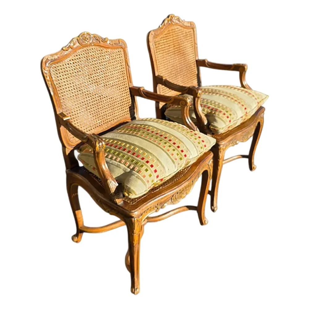 Pr of Early 20th Century French Louis XV Style Carved Walnut Fauteuils W/Cane Seats & Backs, Original Painted Highlights W/Loose Upholstered Cushions