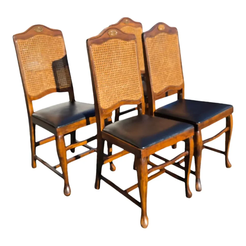 Set of 4 Norquist English Georgian Revival Folding Cane Back Dining Chairs, Mid-20th Century