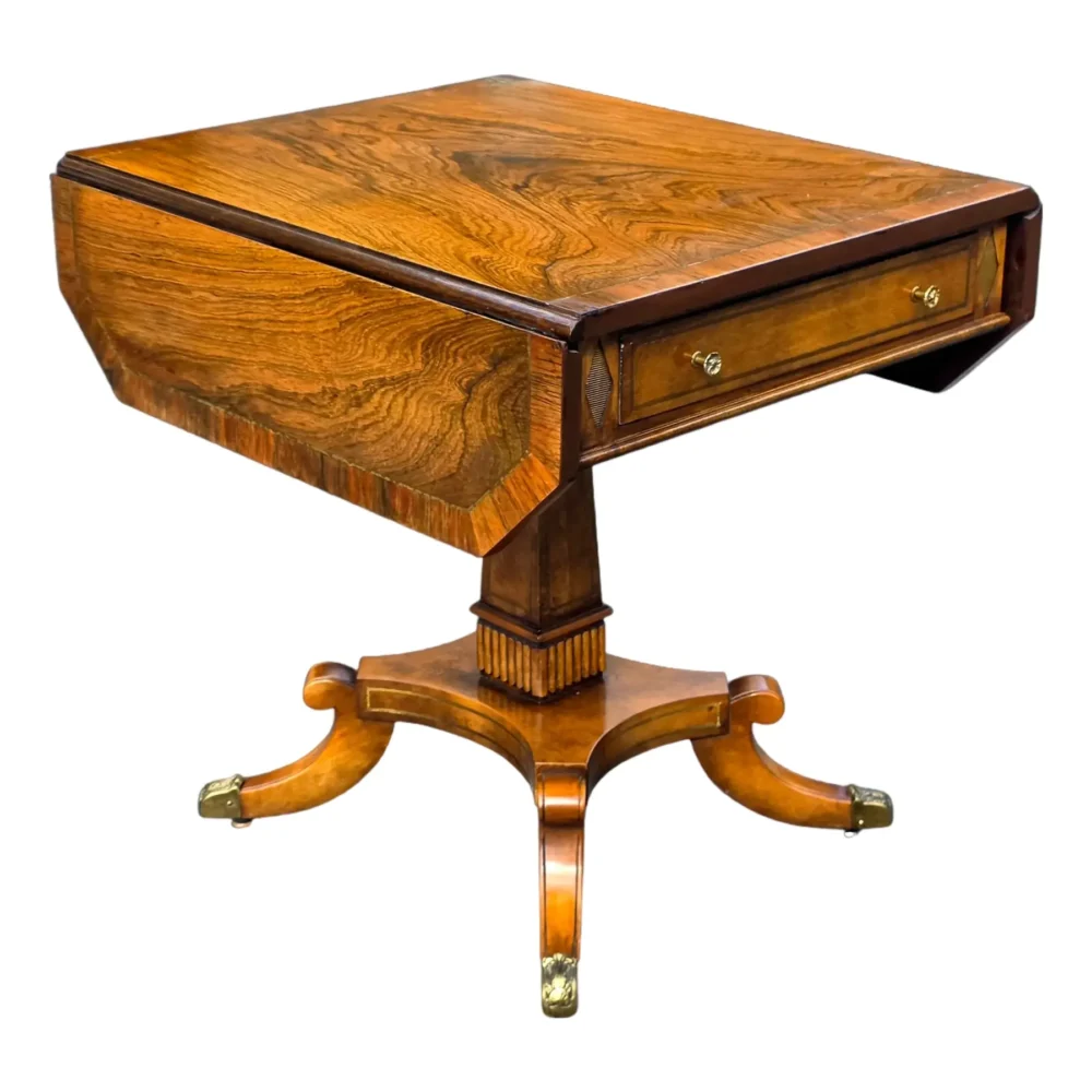 Vintage Regency Revival Rosewood Pedestal Drop-Leaf Table With Drawer, Brass-Mounted Base