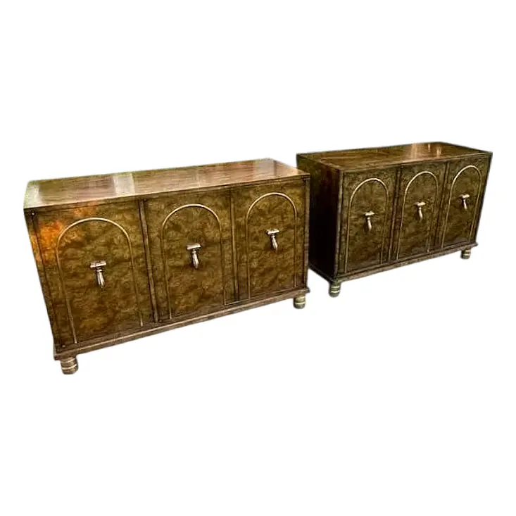 Vintage William Doezema for Mastercraft Furniture Burl & Brass Sideboards - A Pair