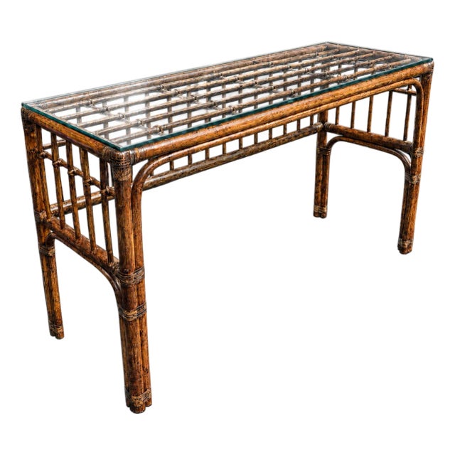 1970s Burnt Bamboo Console Table With Glass Top and Open Lattice Shelf