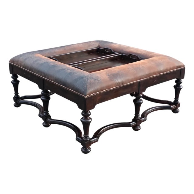 Early 21st Century Lorts[attributed] Spanish Revival Distressed Leather Tray-Top Cocktail Coffee Table