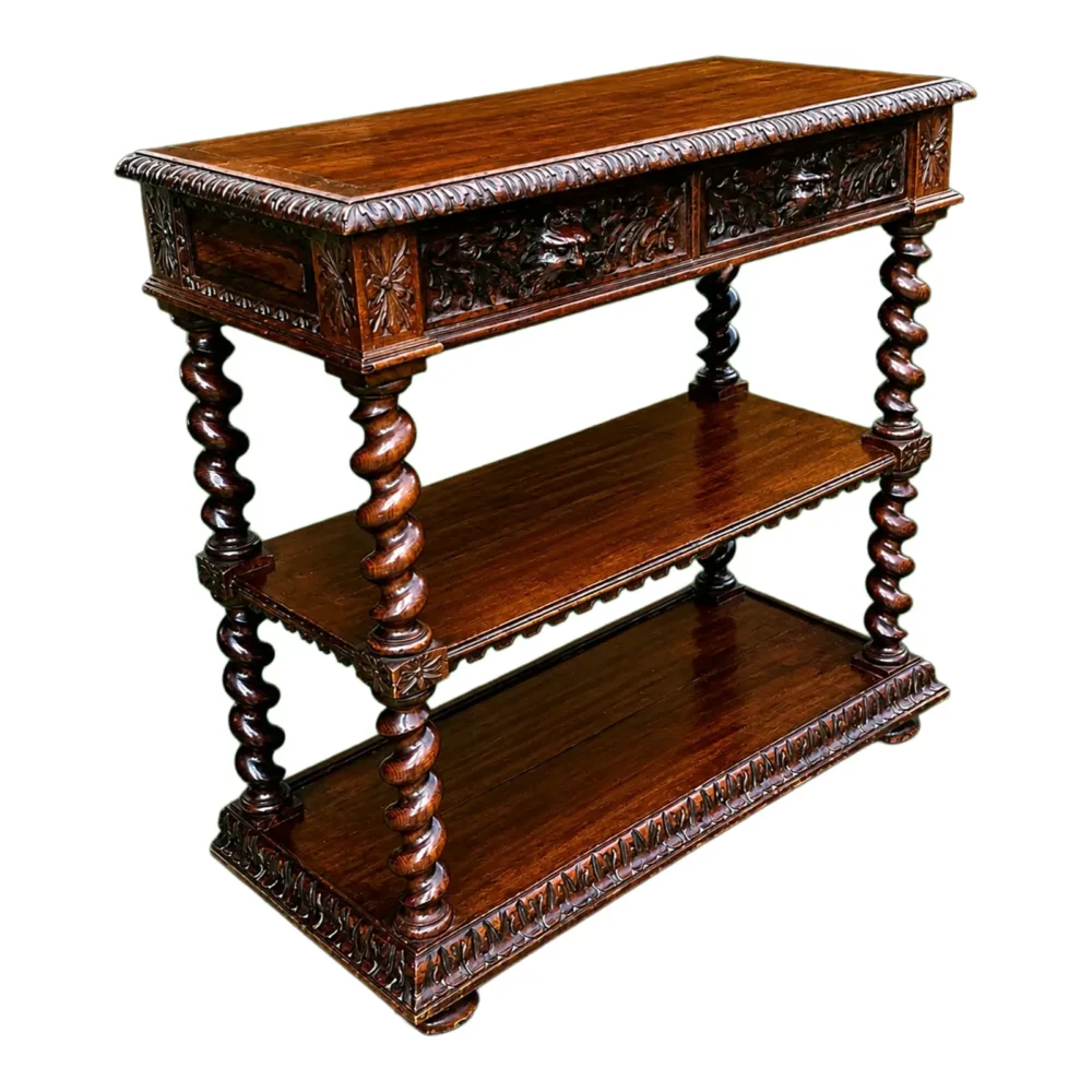 English Jacobean Revival Oak Server With Carved Grotesque Masks and Barley Twist Supports, Circa 1830