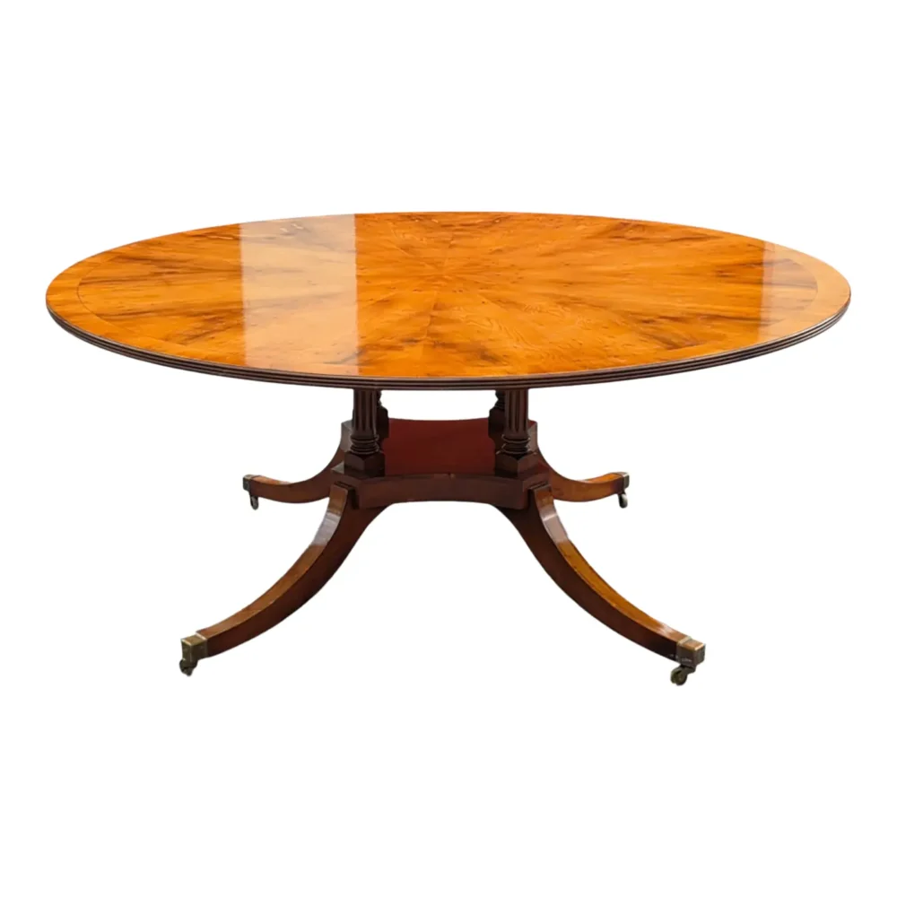 English Regency Revival 72-Inch Figured Elm Sunburst Center Pedestal Dining Table on Brass Casters
