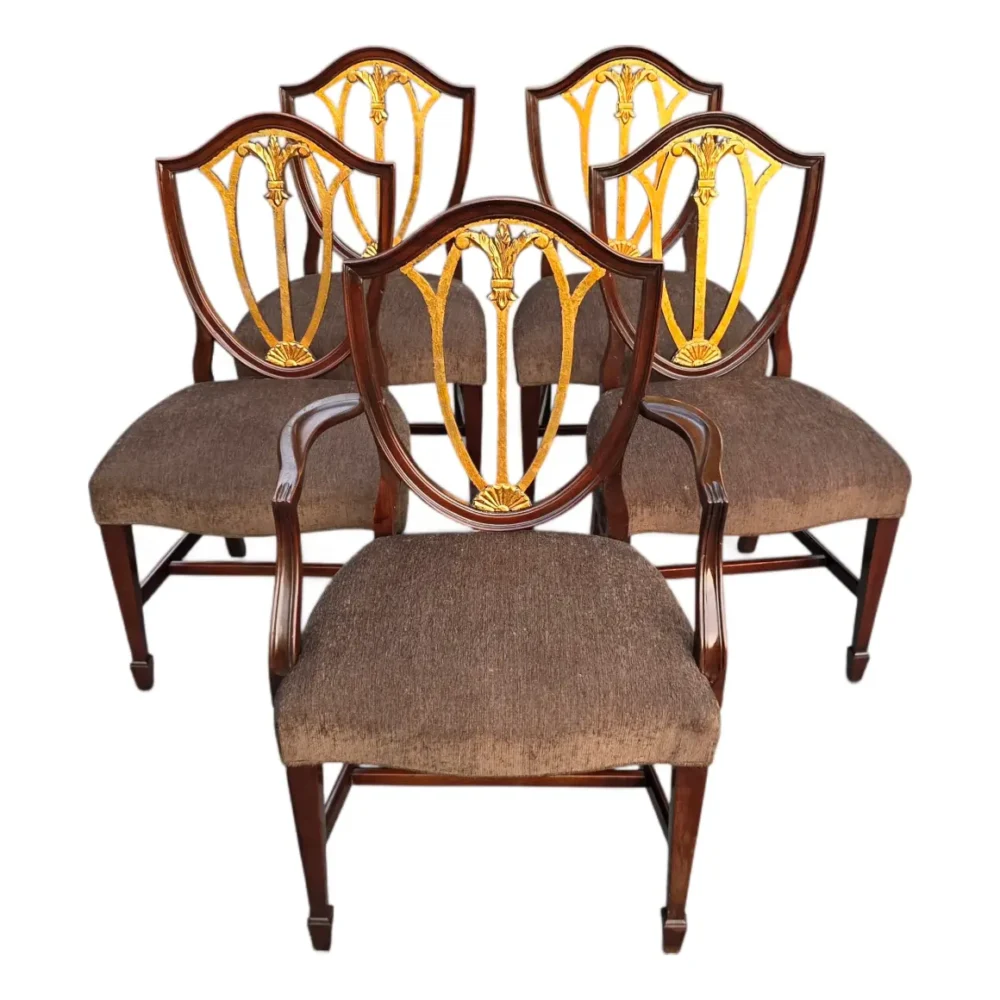 English Regency Revival Mahogany and Gilt Shield-Back Dining Chairs, Set of Five, Circa 1930