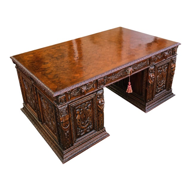 French Renaissance Revival Partner's Desk, Fully Carved on All Sides With Parquetry Top, Circa 1880