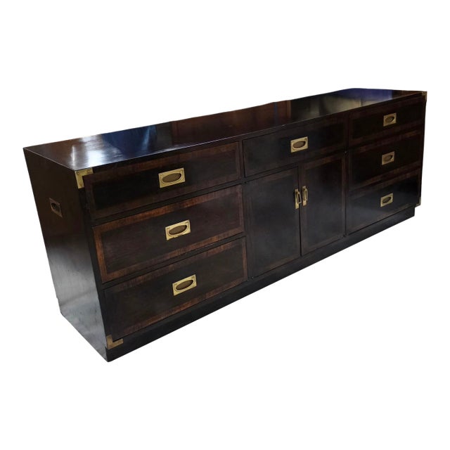 Hollywood Regency Campaign Style Ebonized Mahogany Credenza With Recessed Brass Pulls and Corner Mounts, 1970s