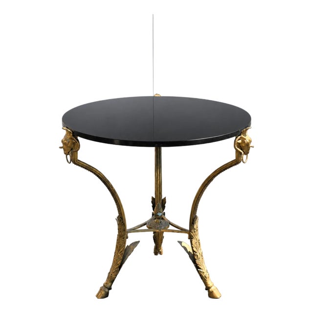 Late 20th Century French Round Bronze Gueridon Style Table Rams Heads and Feet With Granite Top