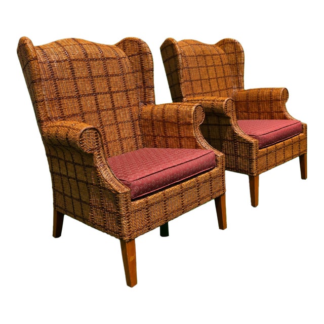 Late 20th Century Pair of Palecek Woven Rattan Wingback Lounge Chairs With Rolled Arms