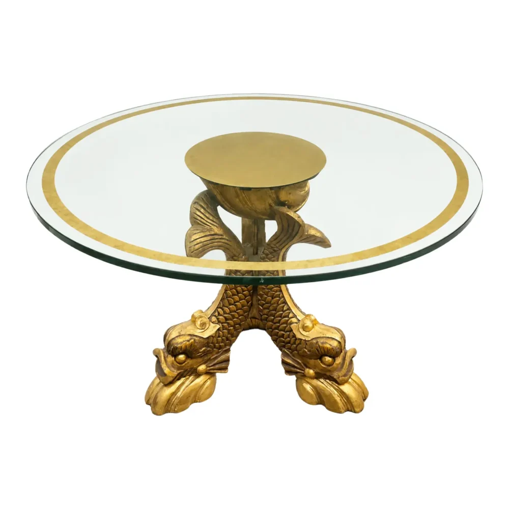Monumental Chinese Chippendale Style Carved Giltwood Opposing Dragon Center/Breakfast Table With 48-Inch Glass Top, Mid-20th Century
