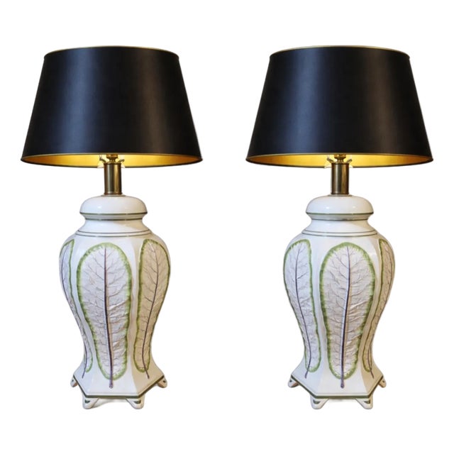 Pair of Mid-20th Century Raymor Italian Majolica Trompe-L’Oeil Leaf Ceramic Lamps