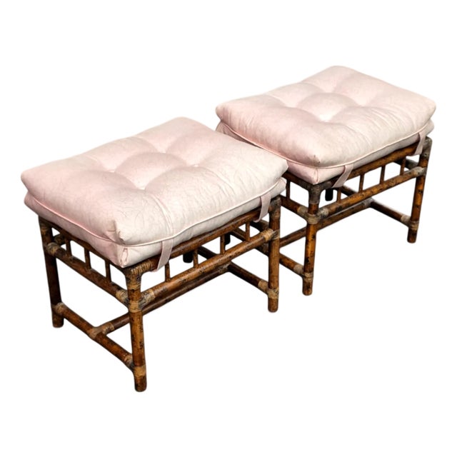 Pair of Mid-Century Hollywood Regency Faux Bamboo Benches With Tufted Cushions