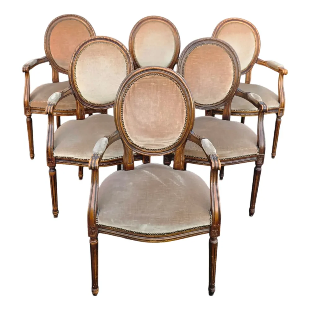 Set of Six W. & J. Sloane Louis XVI Revival Walnut Oval Back Dining Armchairs, Mid-Century