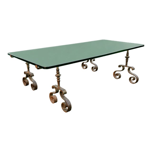 Spanish Colonial Revival Hand-Forged Wrought Iron Coffee Table With Glass Top, Circa 1930