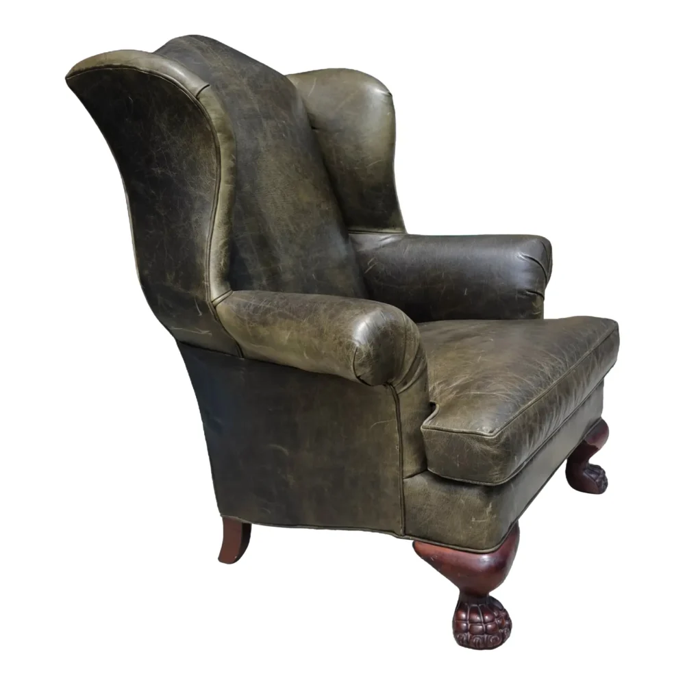 Vintage English Georgian Style Distressed Olive Green Leather Wingback Library Armchair With Ball & Claw Feet
