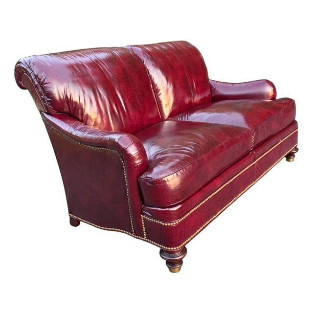 Vintage Hickory Chair English Style Oxblood Leather Loveseat With Brass Nailhead Trim